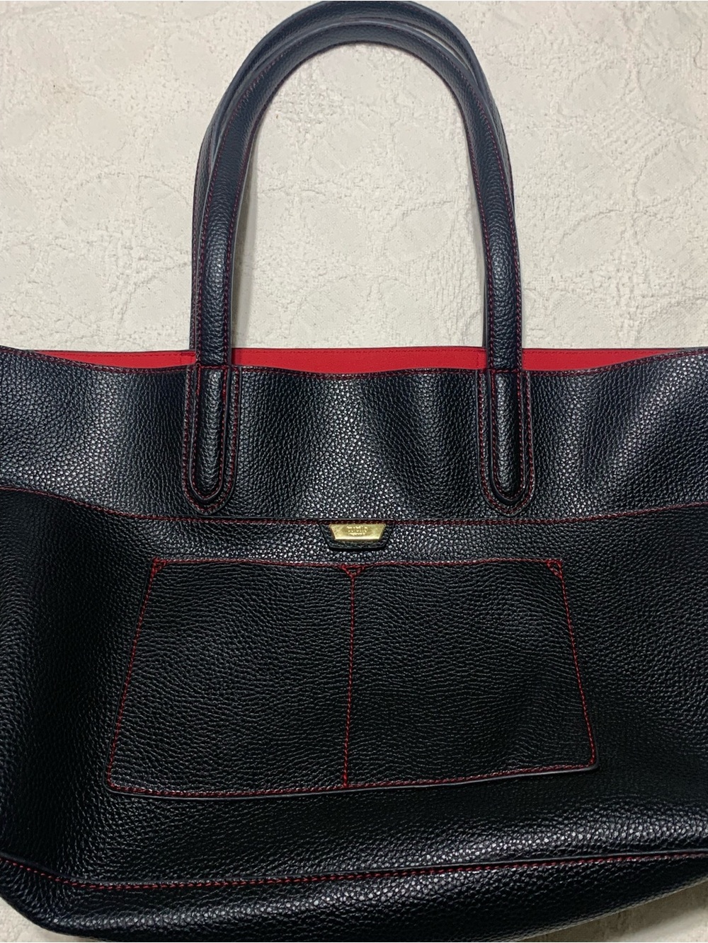 Tutilo New York  Pebbled Leather Tote with Striking Red Trim
